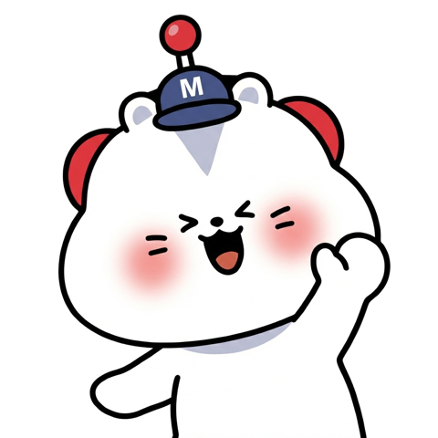 손을 흔드는 매도비. 남색 M 모자를 쓴 흰 햄스터입니다.